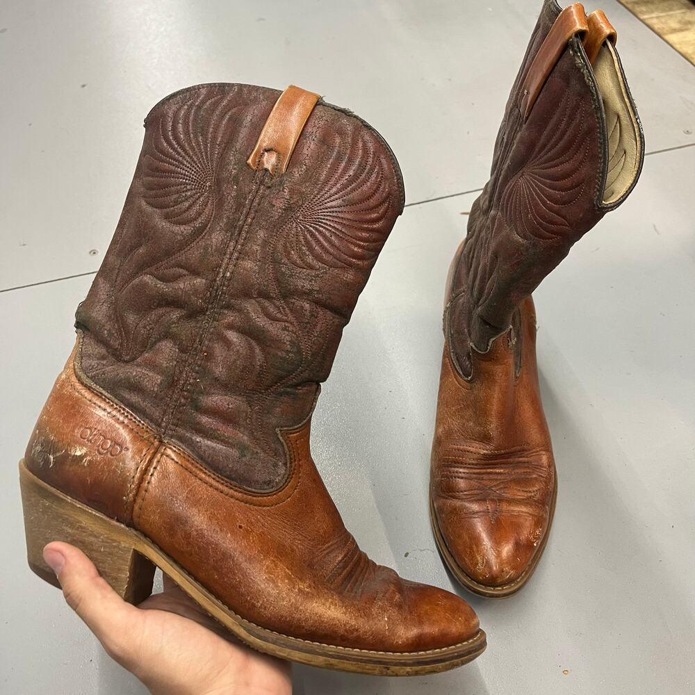 VTG Dingo Western Cowboy Boots Distressed Brown Made in USA SZ 10.5